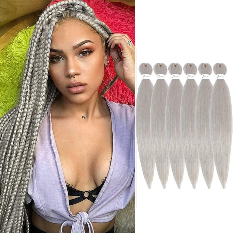 WIGENIUS Prestretched Braiding Hair 26 inch 6 Packs Hot Water Setting Synthetic Fiber Crochet EZ Braids Soft Yaki Texture Braiding Hair Extensions Silver