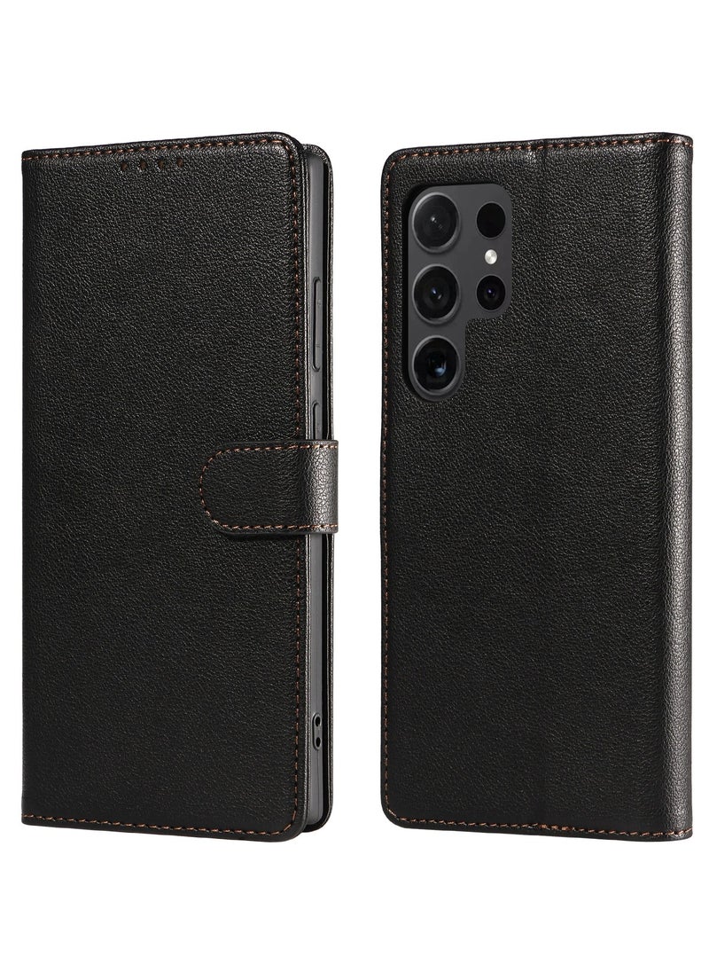 Generic Samsung Galaxy S25 Ultra Case Genuine Leather Wallet Case Magnetic Buckle Cases Card Holder Shockproof Flip Cover - Black  - Image 2
