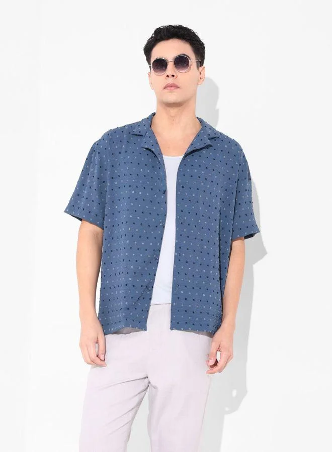 The Indian Garage Co Men Relaxed Fit Textured Cuban Collar Half Sleeves Shirt