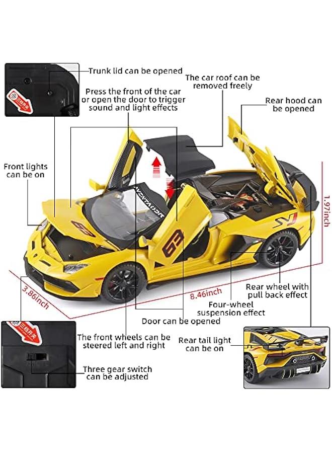 Boy Toy Sports Car 1/22 Lambo SVJ 63 Metal Die Cast Car Toys，Model Cars with Detachable Roof，Toy Car with Sound Light and Pull Back，for Kids Age 3 Year and UP（Yellow） - Image 2