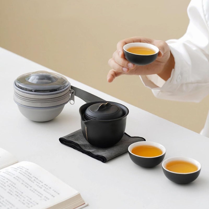 Feify Travel Tea Set Ceramic Tea Pot Set Chinese Kung Fu Teapot Porcelain Gongfu Teacups Frosted Glazed Tea Cup, Portable Bag 1 Pot 3 Mini Cup All in One for Home Office Outdoor Picnic Camping Hotel, Black - Image 2