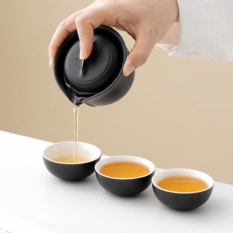 Feify Travel Tea Set Ceramic Tea Pot Set Chinese Kung Fu Teapot Porcelain Gongfu Teacups Frosted Glazed Tea Cup, Portable Bag 1 Pot 3 Mini Cup All in One for Home Office Outdoor Picnic Camping Hotel, Black - Image 4
