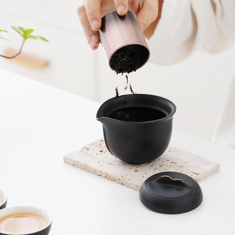 Feify Travel Tea Set Ceramic Tea Pot Set Chinese Kung Fu Teapot Porcelain Gongfu Teacups Frosted Glazed Tea Cup, Portable Bag 1 Pot 3 Mini Cup All in One for Home Office Outdoor Picnic Camping Hotel, Black - Image 3