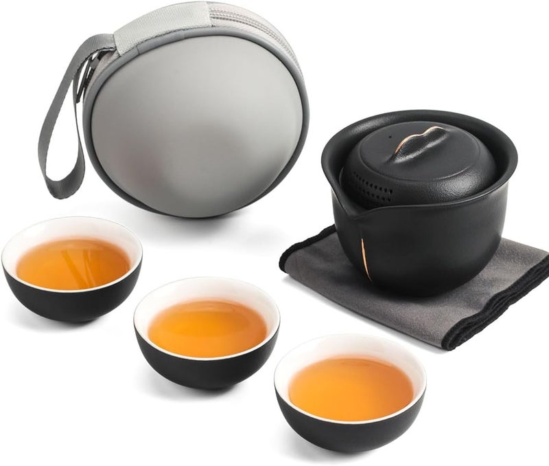 Feify Travel Tea Set Ceramic Tea Pot Set Chinese Kung Fu Teapot Porcelain Gongfu Teacups Frosted Glazed Tea Cup, Portable Bag 1 Pot 3 Mini Cup All in One for Home Office Outdoor Picnic Camping Hotel, Black - Image 1