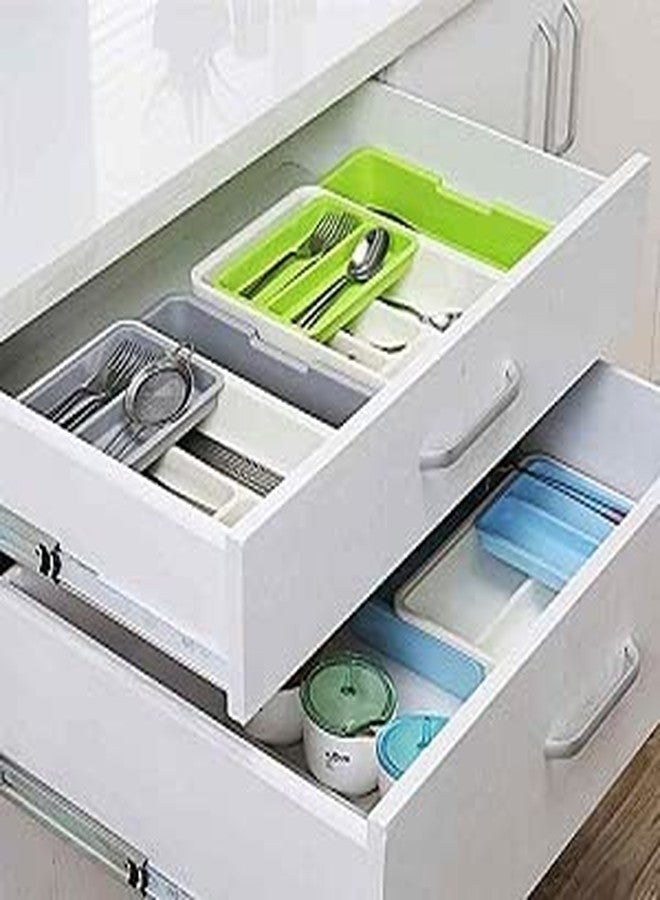 Orrda Expandable Kitchen Drawer Organizer Tray | Plastic Adjustable Cutlery Trays and Utensil Holder | Kitchen Drawer Dividers Storage for Knives, Spoons, Frock (Green/White) - Image 4