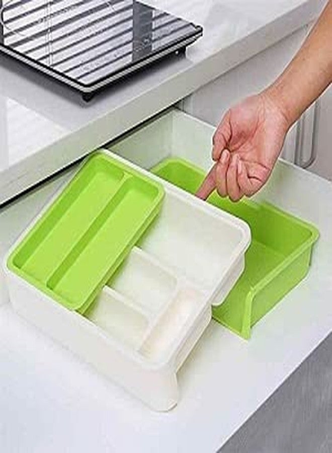 Orrda Expandable Kitchen Drawer Organizer Tray | Plastic Adjustable Cutlery Trays and Utensil Holder | Kitchen Drawer Dividers Storage for Knives, Spoons, Frock (Green/White) - Image 3