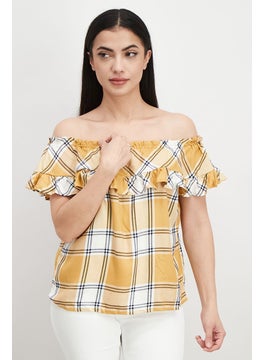 Women Off The Shoulder Short Sleeves Plaid Blouse, Yellow Combo