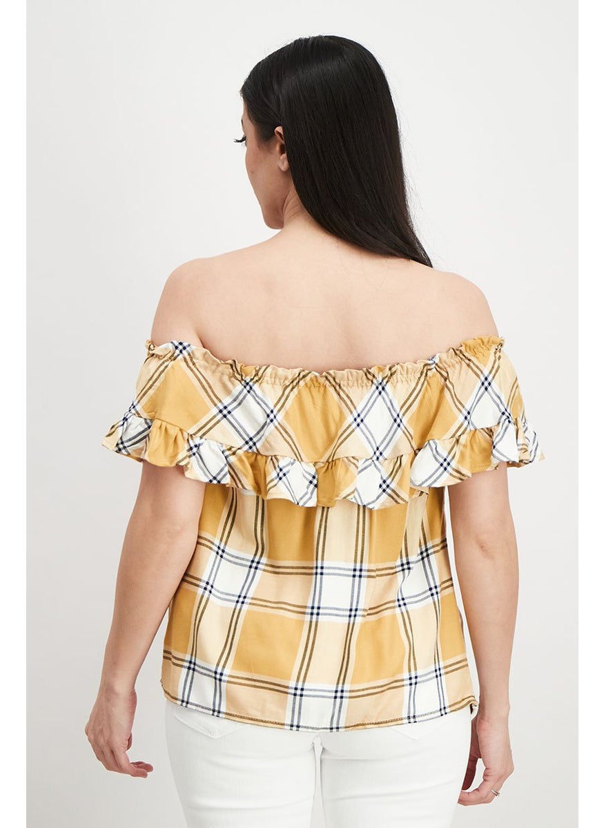 Stradivarius - Women Off The Shoulder Short Sleeves Plaid Blouse, Yellow Combo - Image 1