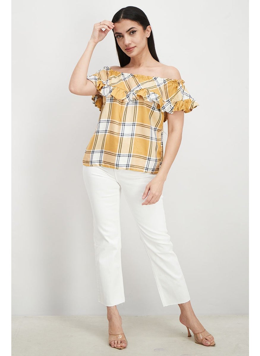 Stradivarius - Women Off The Shoulder Short Sleeves Plaid Blouse, Yellow Combo - Image 1