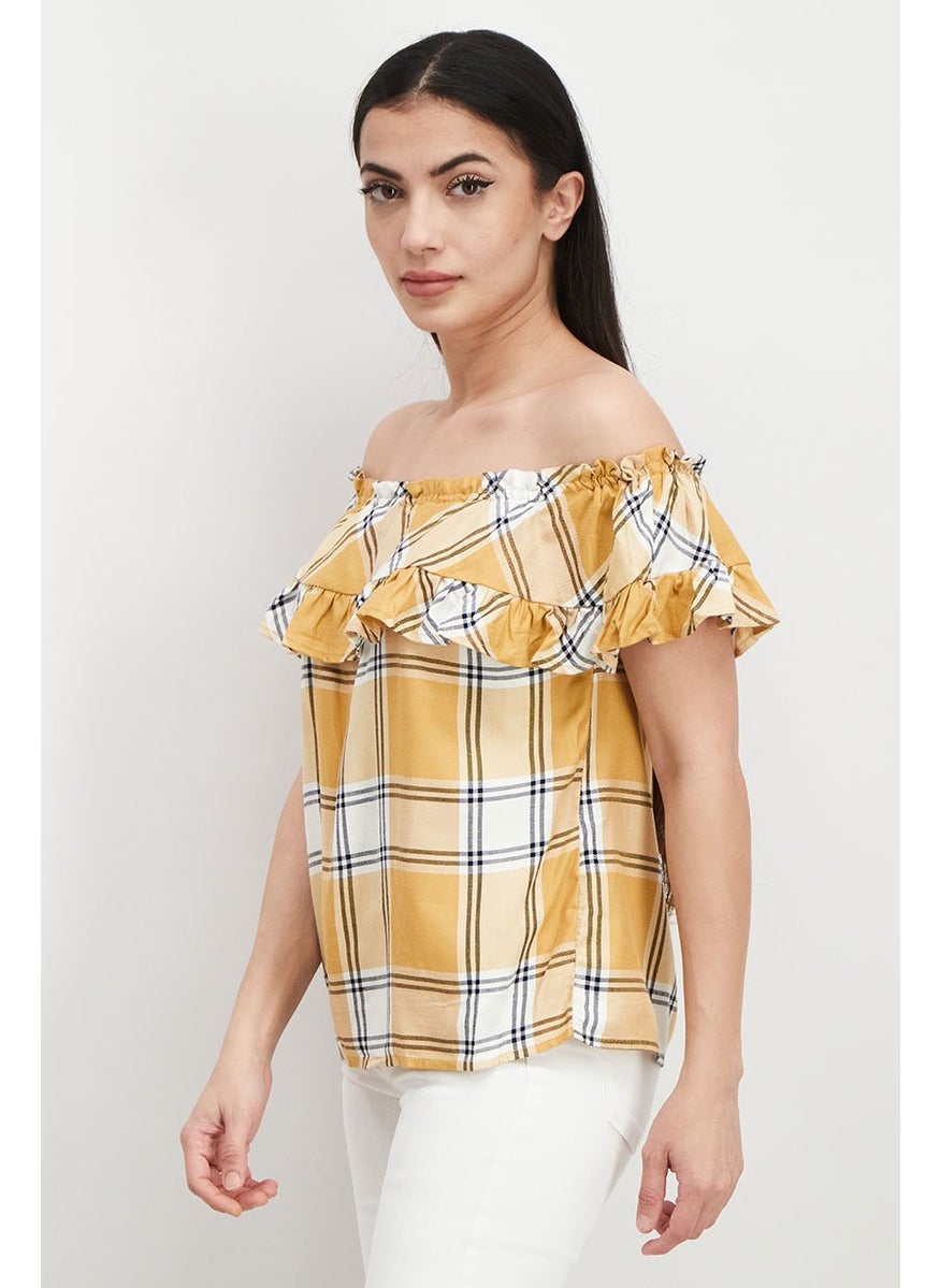 Stradivarius - Women Off The Shoulder Short Sleeves Plaid Blouse, Yellow Combo - Image 1