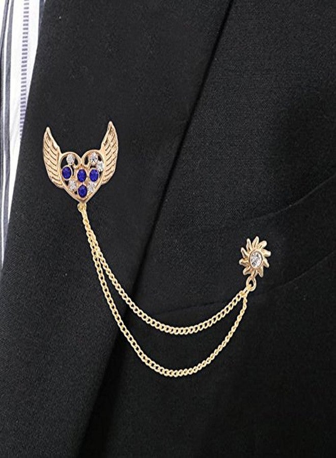 Tripin Lapel Pin For Men Suit Blue Brass Golden Heart Diamond Crystal With Wings Shape Collar Chain Brooch For Men And Women Tscp1653 - Image 2