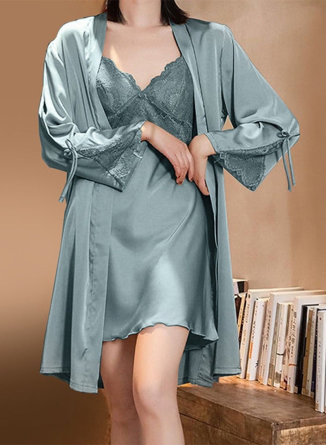 MARGOUN Summer Ice Silk Medium Women Pajamas Lace Trim Robe Set Home Service Suit Casual Sleepwear Nightwear Cactus Green - Image 1