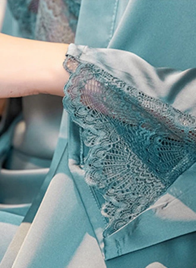 MARGOUN Summer Ice Silk Medium Women Pajamas Lace Trim Robe Set Home Service Suit Casual Sleepwear Nightwear Cactus Green - Image 3