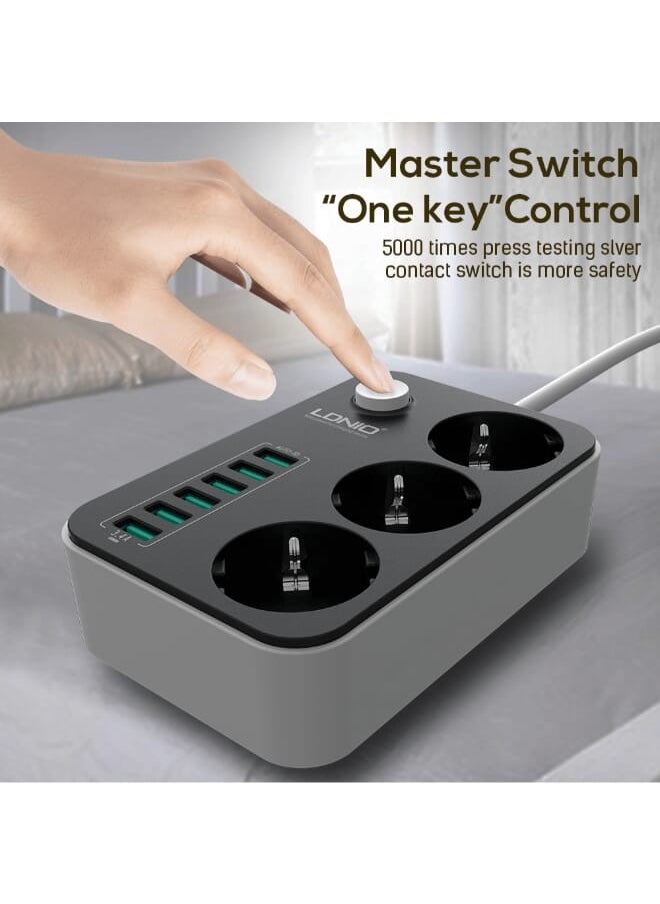 LDNIO SE3631 Power Strip With 3 Ways Power Socket And 6 USB Port, 2500 Watt Power - Black  - Image 5
