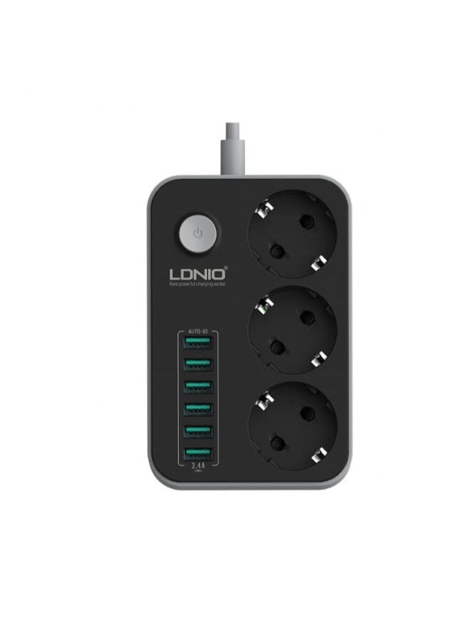 LDNIO SE3631 Power Strip With 3 Ways Power Socket And 6 USB Port, 2500 Watt Power - Black  - Image 1