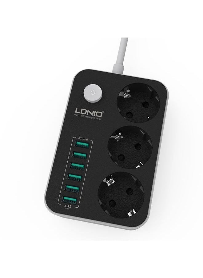 LDNIO SE3631 Power Strip With 3 Ways Power Socket And 6 USB Port, 2500 Watt Power - Black  - Image 3
