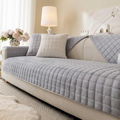 Aucrovee Velvet Washable Couch Cover for Pets Dogs, Non Slip Sectional Sofa Covers for 3 Cushion Couch Sofa L Sharped Sofa Slipcovers, Furniture Protector (1 PCS 36"x82", Light Grey) - Image 1