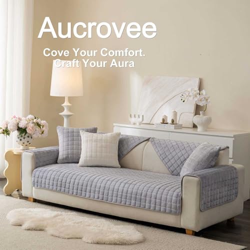 Aucrovee Velvet Washable Couch Cover for Pets Dogs, Non Slip Sectional Sofa Covers for 3 Cushion Couch Sofa L Sharped Sofa Slipcovers, Furniture Protector (1 PCS 36"x82", Light Grey) - Image 3