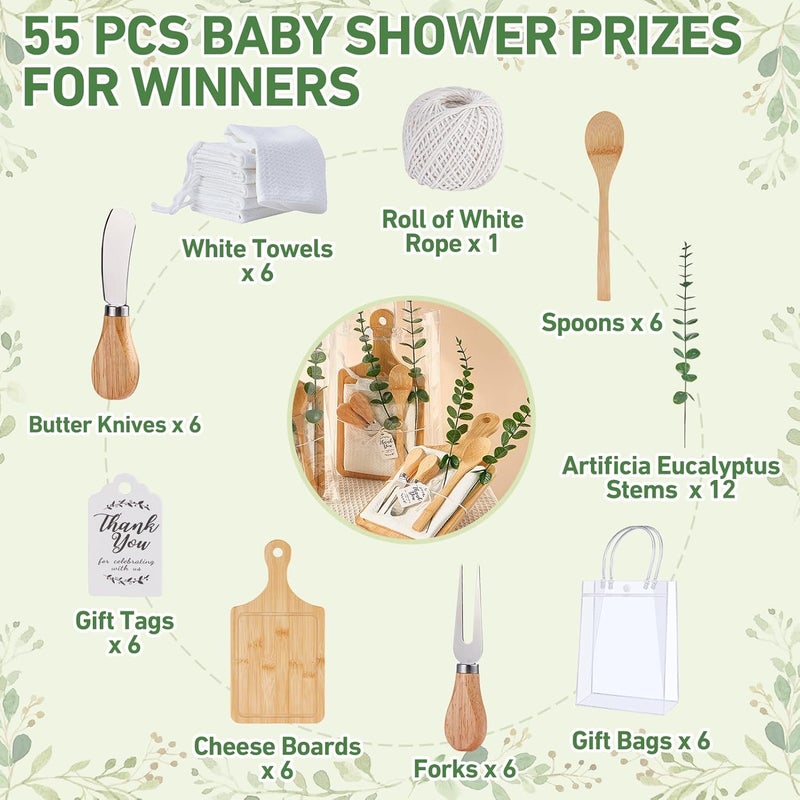Rigibright Store 55Pcs Baby Shower Prizes for Game Winners 6 Sets Bamboo Cheese Board Spoon Fork Butter Spreaders Plaid Towel Thank You Card and Gift Bags for Baby Shower Wedding Bridal Shower Favors - Image 2