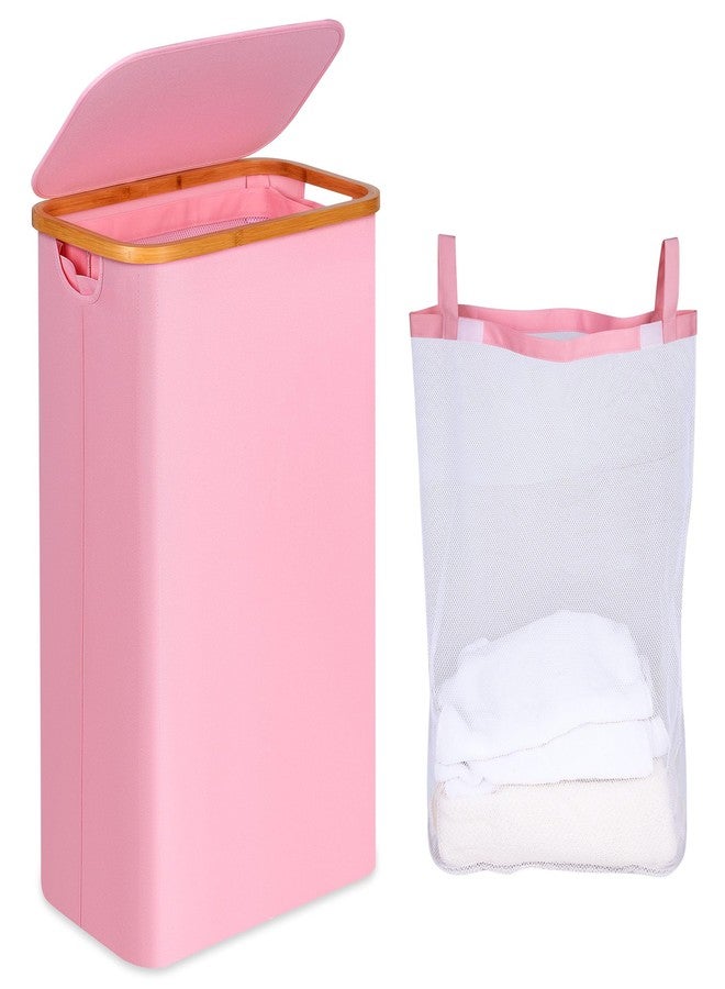 iEGrow Slim Laundry Hamper with Lid,75L Collapsible Clothes Hamper for Laundry,Dirty Clothes Basket with Bamboo Handles & Removable Laundry Bag for Bathroom, Dorm, Laundry Room, Pink - Image 1