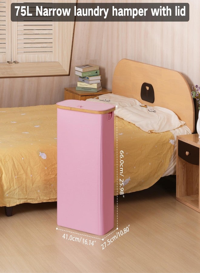 iEGrow Slim Laundry Hamper with Lid,75L Collapsible Clothes Hamper for Laundry,Dirty Clothes Basket with Bamboo Handles & Removable Laundry Bag for Bathroom, Dorm, Laundry Room, Pink - Image 3