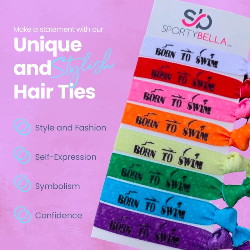 Infinity Collection Sportybella Swimming Hair Ties, Hair Accessories For Girls, Women, Teens & Kids. No Crease Elastic Hair Ties Set, Born to Swim, Ponytail Holders for Swimmers & Swim Team, 8pcs. - Image 2