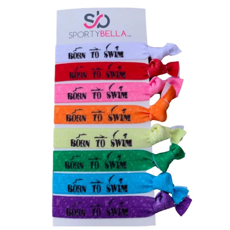 Infinity Collection Sportybella Swimming Hair Ties, Hair Accessories For Girls, Women, Teens & Kids. No Crease Elastic Hair Ties Set, Born to Swim, Ponytail Holders for Swimmers & Swim Team, 8pcs. - Image 1