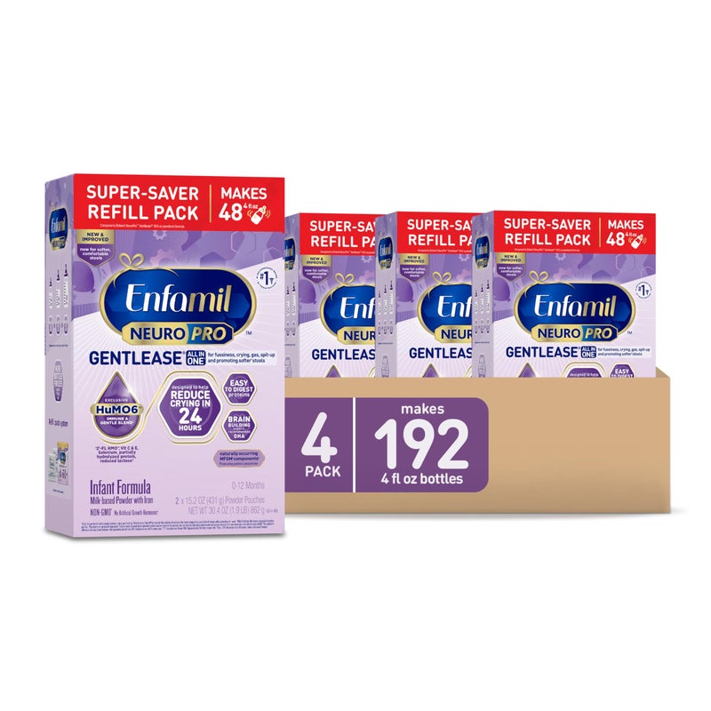 Enfamil حليب الأطفال إنفاميل نيو برو جينتليز، لبناء الدماغ DHA، مزيج هومو 6 المناعي، مصمم لتقليل الانزعاج، البكاء، الغازات والتقيؤ خلال 24 ساعة، يحتوي على بروبيوتيك لتعزيز البراز اللين، حليب الأطفال، 30.4 أونصة (عبوة من 4)  - Image 1