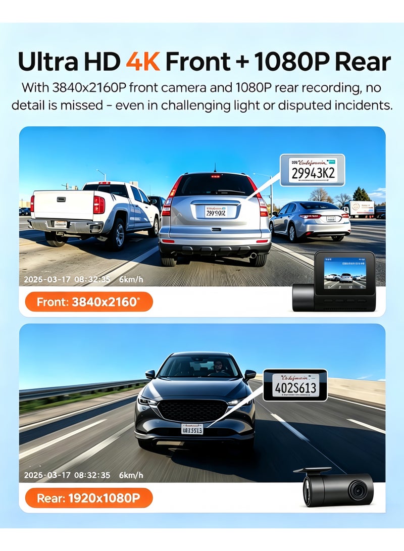 Dash Cam Front and Rear, 4KFull HD Dash Cam, Free 64GB Card, Built-in Wi-Fi GPS, 3-inch IPS Screen, Night Vision, 170° Wide Angle, WDR, 24-hour Parking Mode - Image 3