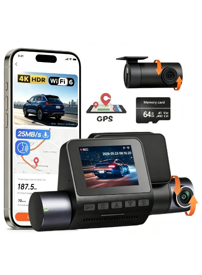 Dash Cam Front and Rear, 4KFull HD Dash Cam, Free 64GB Card, Built-in Wi-Fi GPS, 3-inch IPS Screen, Night Vision, 170° Wide Angle, WDR, 24-hour Parking Mode - Image 1