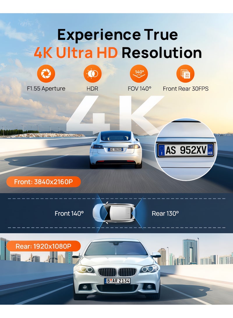 Dash Cam Front and Rear, 4KFull HD Dash Cam, Free 64GB Card, Built-in Wi-Fi GPS, 3-inch IPS Screen, Night Vision, 170° Wide Angle, WDR, 24-hour Parking Mode - Image 2