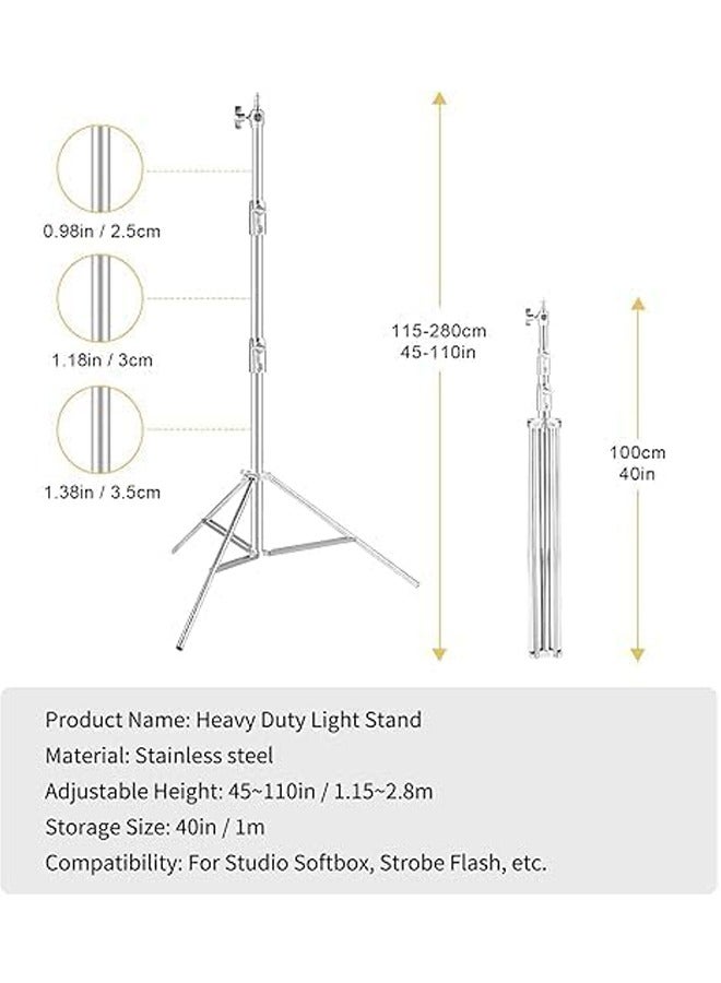 PADOM 2.8m Stainless Steel Photography Light Stand with 1/4" to 3/8" Universal Adapter, Heavy Duty Photography Tripod Stand with Spring Cushioned, for Strobe LED Video Light,Ring Light,Softbox - Image 2