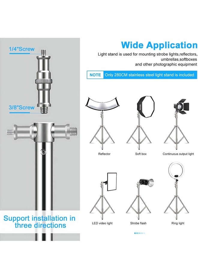 PADOM 2.8m Stainless Steel Photography Light Stand with 1/4" to 3/8" Universal Adapter, Heavy Duty Photography Tripod Stand with Spring Cushioned, for Strobe LED Video Light,Ring Light,Softbox - Image 5