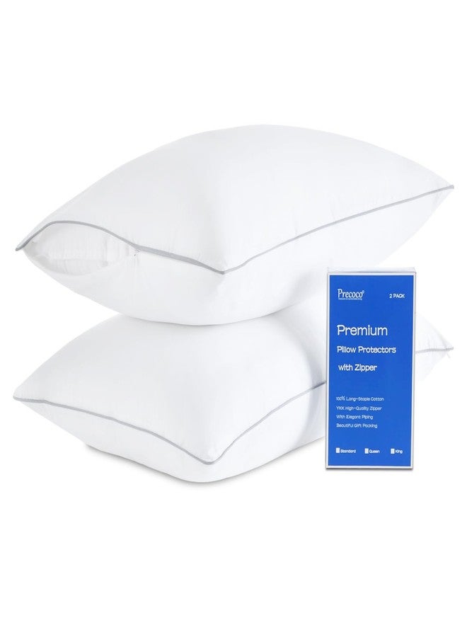 Precoco Premium Soft 100% Long-Staple Cotton Pillow Protectors With Zipper, Standard Size 20x26, Set of 2 White Cases, Hidden Zippered Cover for Gift - Image 1