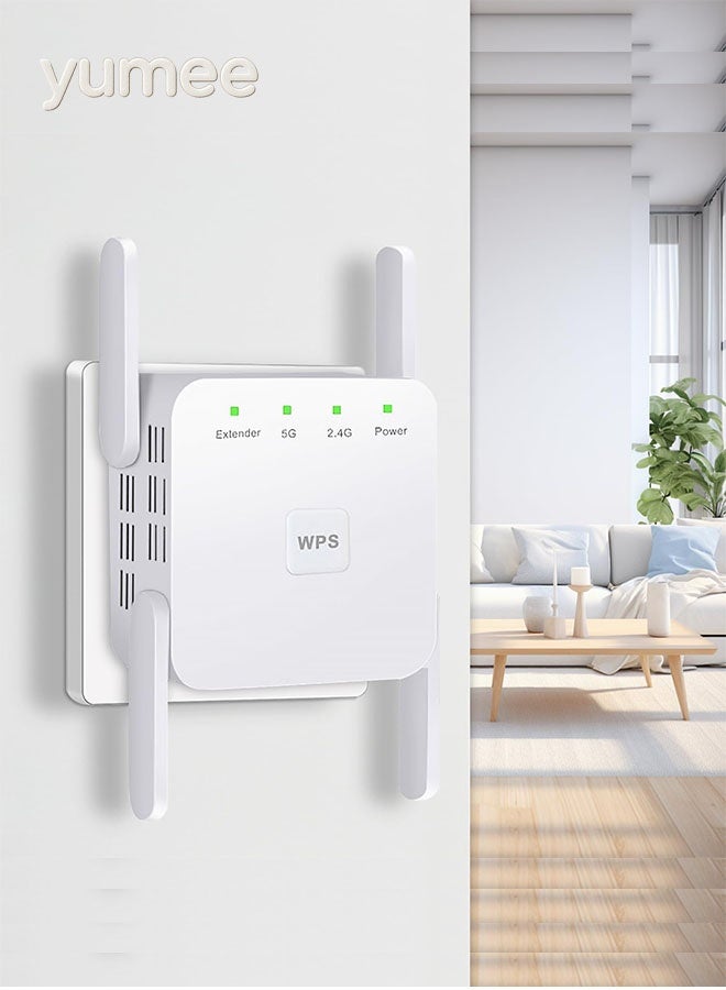 يمي موسع WiFi 1200Mbps مزدوج النطاق مع 4 هوائيات عالية الكسب، مكرر إشارة 5GHz/2.4GHz للمنزل، يغطي مساحة تصل إلى 7000 قدم مربع، إعداد بنقرة واحدة (أبيض) - Image 1