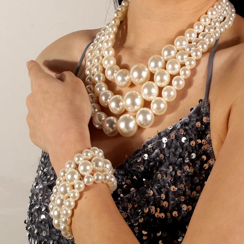 KOSMOS-LI Big Big Pearl Jewelry Set 3 Layer Simulated Ivory Pearl Women's Statement 18" Necklace Bracelet and Earrings - Image 2