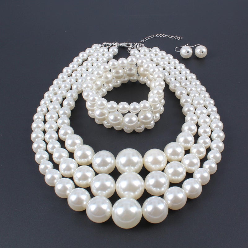 KOSMOS-LI Big Big Pearl Jewelry Set 3 Layer Simulated Ivory Pearl Women's Statement 18" Necklace Bracelet and Earrings - Image 5