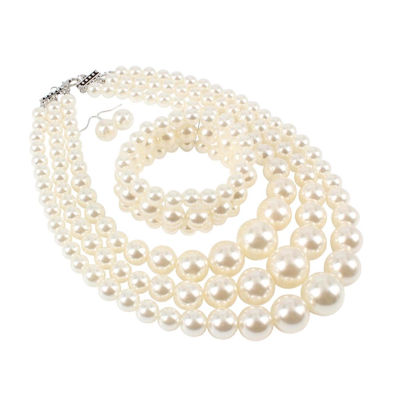 KOSMOS-LI Big Big Pearl Jewelry Set 3 Layer Simulated Ivory Pearl Women's Statement 18" Necklace Bracelet and Earrings - Image 4