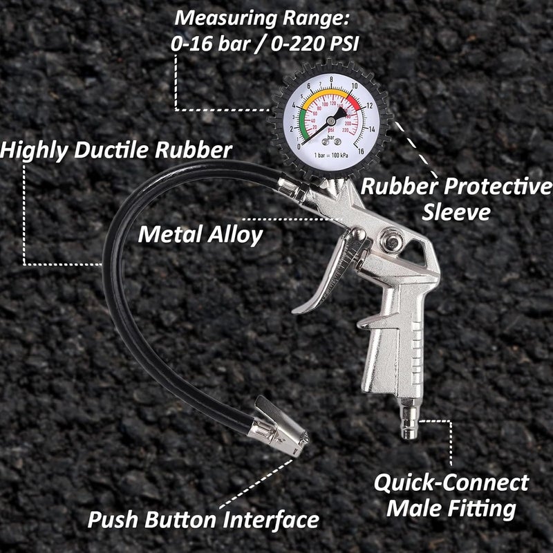 Bohaner Car Air Tyre Pressure Inflator Gun Gauge Meter 220PSI 16 BAR - Image 2