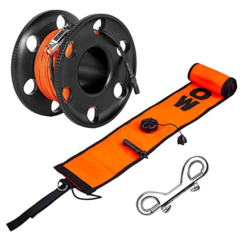 Pluzluce 5FT Diving Surface Marker Buoy (SMB), Signal Tube Safety Sausage with 100FT Aluminum Big Finger Spool Reel and Double Ended Hook Clip for Underwater Scuba Diving Snorkeling (5FT Orange SMB+Black Reel) - Image 1