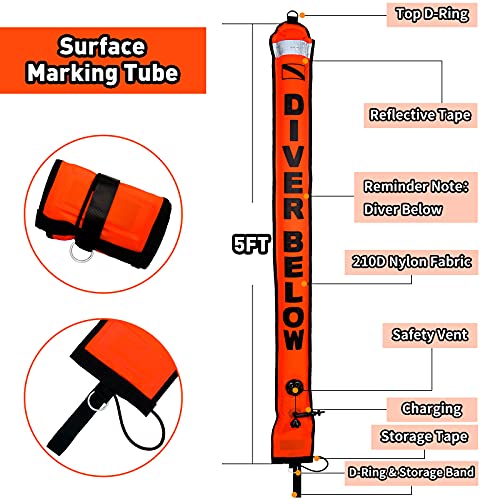 Pluzluce 5FT Diving Surface Marker Buoy (SMB), Signal Tube Safety Sausage with 100FT Aluminum Big Finger Spool Reel and Double Ended Hook Clip for Underwater Scuba Diving Snorkeling (5FT Orange SMB+Black Reel) - Image 5