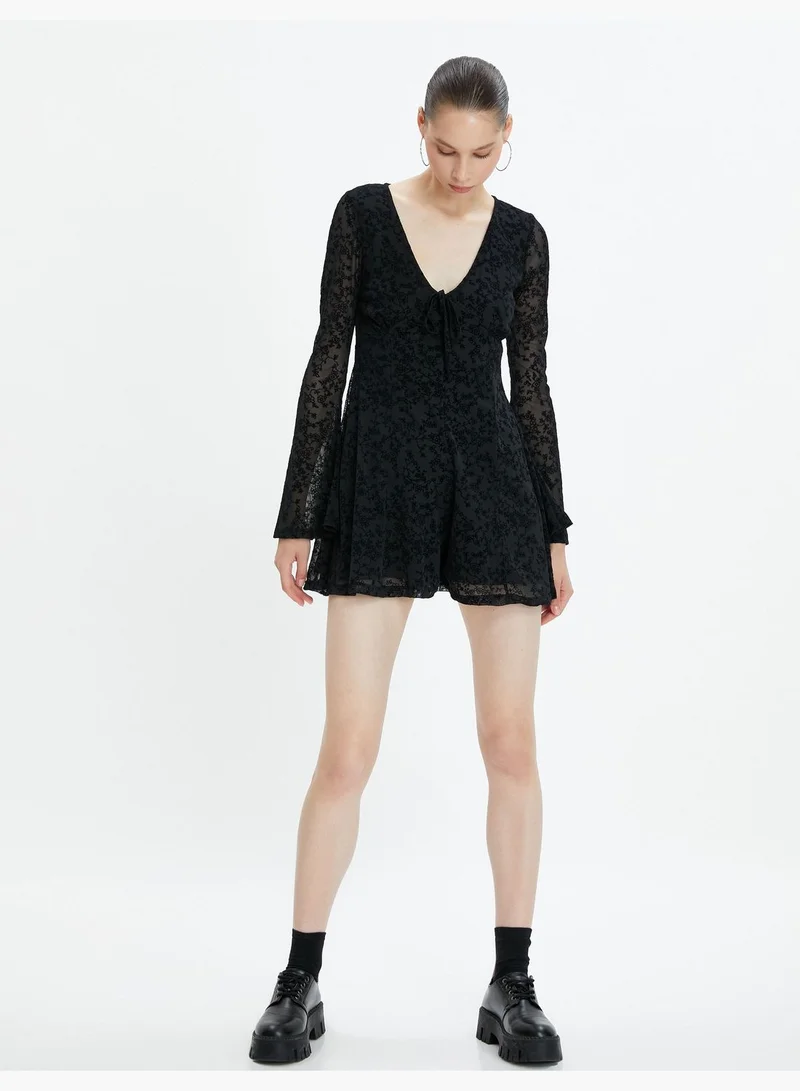 كوتون Mini Tulle Overalls Dress V Neck Long Sleeve Lined