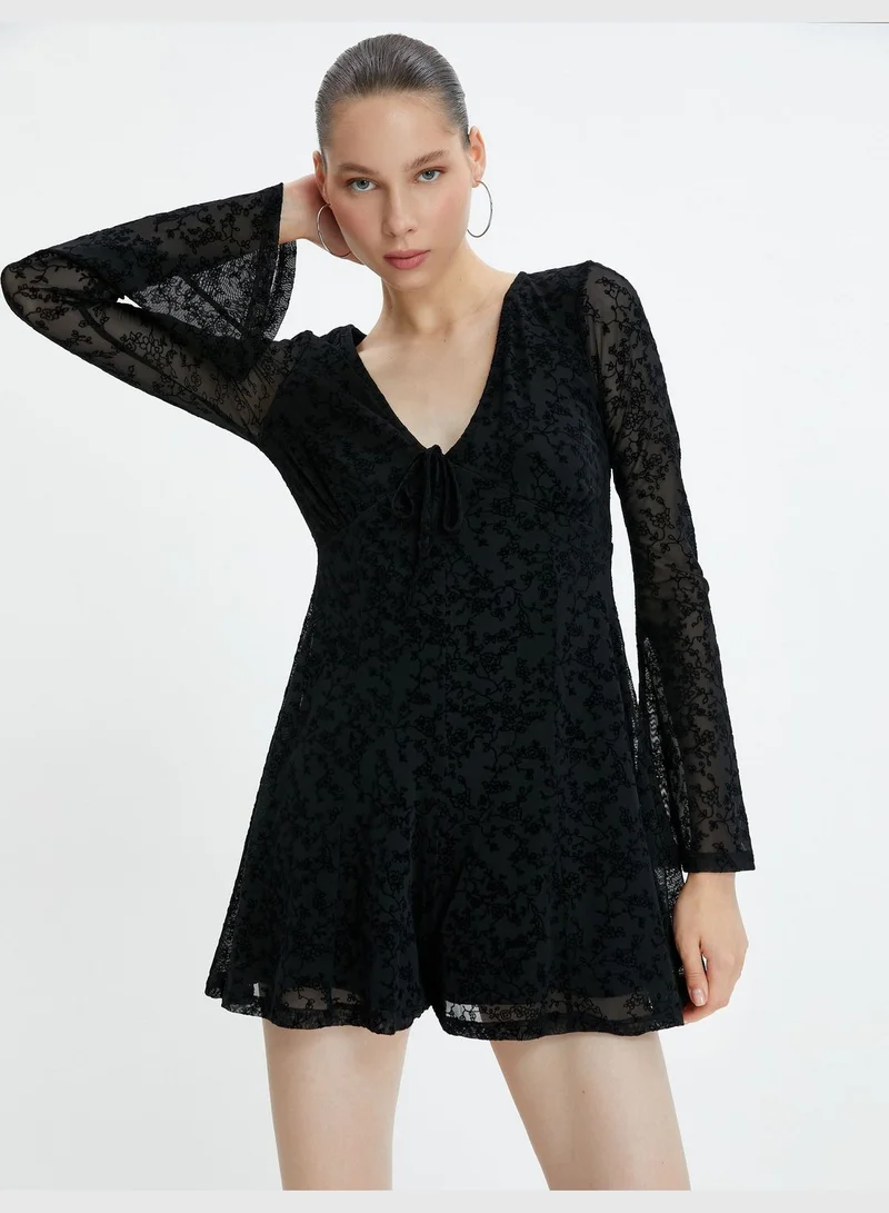 كوتون Mini Tulle Overalls Dress V Neck Long Sleeve Lined