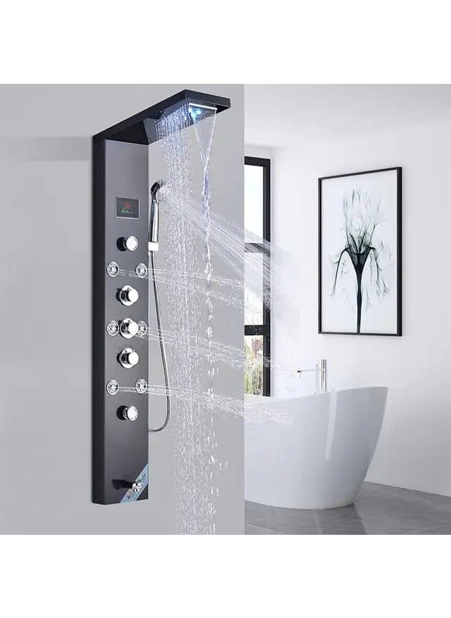 ProssimaGen ProssimaGen Italiano Stainless Steel Shower Panel 5 in One With LED Display Tower System Rainfall Shower Body Massage Spray Handheld Shower Temperature Display Wall Mount Shower Panel black  - Image 1
