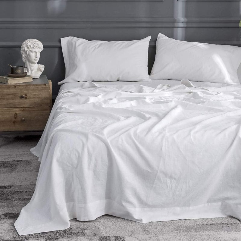 SimpleOpulence Belgian Linen Sheet Set Solid Color  3 Pieces 1 Flat Sheet 1 Fitted Sheet  1 Pillowcase Natural Flax Cotton Blend Soft Breathable Farmhouse Bedding  Twin Size White