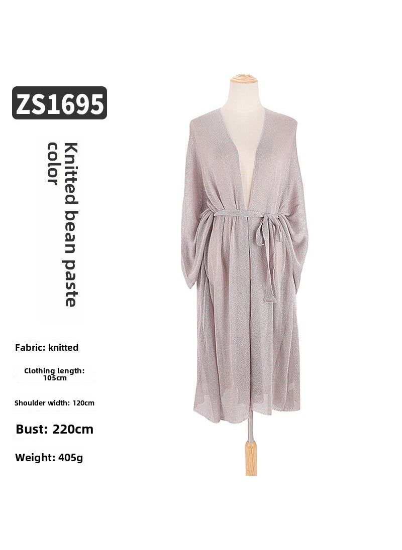 Generic New Knit Elastic Long Beach Cardigan Bikini Cover-Up Bean paste color (knitted) 1695 