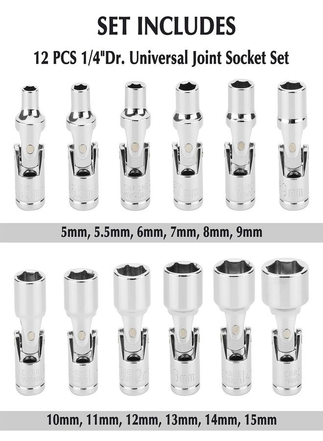 EMENTOL 12PCS 1/4" Drive Universal Joint Socket Set, 6 Point, Metric Universal Flex Socket Set, CR-V, Swivel Head, 5mm - 15mm - Image 2