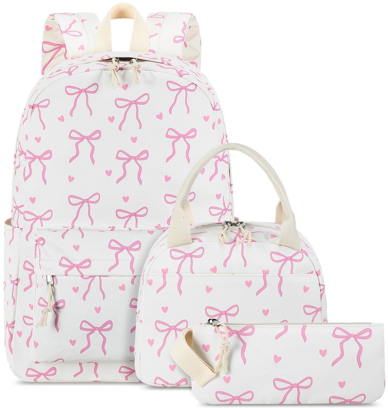 LOIDOU Girls School Backpack Set 3in1 WaterResistant Bookbag with Lunch Bag Pencil Case Lightweight Kids Backpack for Elementary Middle School Cute Pink Bow Design Gifts for Teen Girls - Image 2