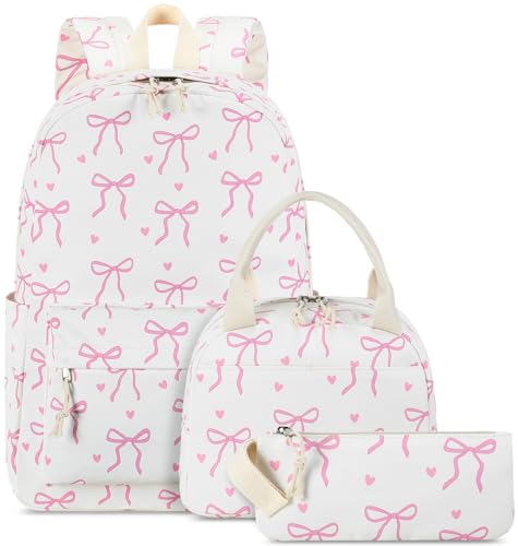 LOIDOU Girls School Backpack Set 3in1 WaterResistant Bookbag with Lunch Bag Pencil Case Lightweight Kids Backpack for Elementary Middle School Cute Pink Bow Design Gifts for Teen Girls - Image 1