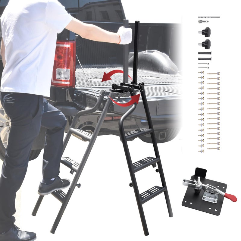 POKIAUTO 45 Foldable Pickup Truck Tailgate Ladder with Grab Handle 360 Rotatable Heavy Duty Universal Folding Tailgate Step Ladder with Handrail for Pickup Truck F250 RAM 2500 etc Accessories